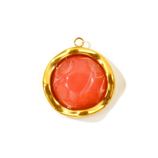 Picture of 2 PCs Eco-friendly PVD 304 Stainless Steel & Resin Charms Wholesale 18K Real Gold Plated Orange Pink Round With Resin Cabochons 27mm x 25mm