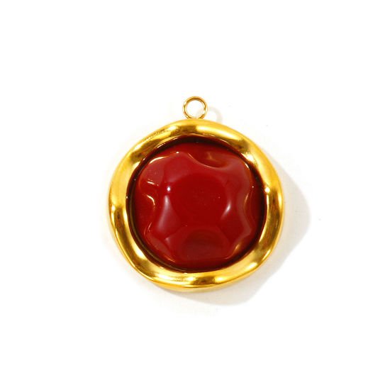 Picture of 2 PCs Eco-friendly PVD 304 Stainless Steel & Resin Charms Wholesale 18K Real Gold Plated Red Round With Resin Cabochons 27mm x 25mm