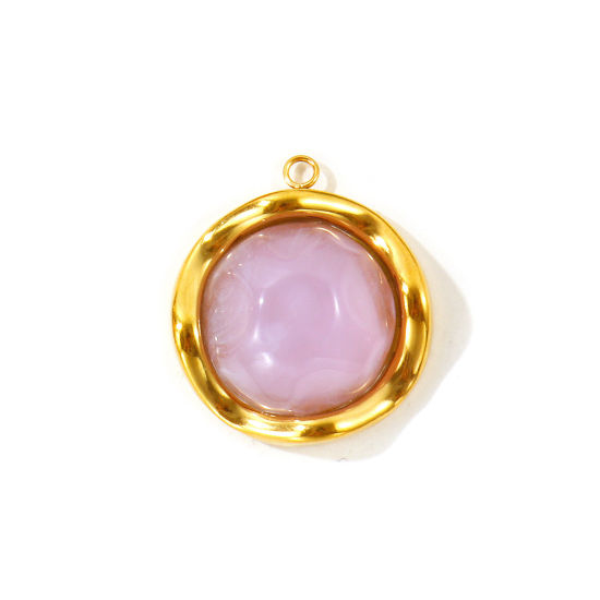 Picture of 2 PCs Eco-friendly PVD 304 Stainless Steel & Resin Charms Wholesale 18K Real Gold Plated Mauve Round With Resin Cabochons 27mm x 25mm