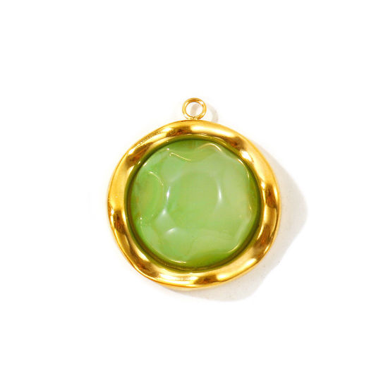 Picture of 2 PCs Eco-friendly PVD 304 Stainless Steel & Resin Charms Wholesale 18K Real Gold Plated Light Green Round With Resin Cabochons 27mm x 25mm