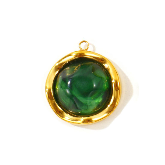 Picture of 2 PCs Eco-friendly PVD 304 Stainless Steel & Resin Charms Wholesale 18K Real Gold Plated Dark Green Round With Resin Cabochons 27mm x 25mm