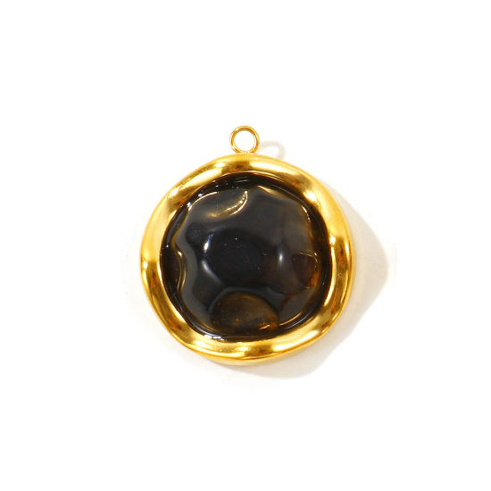 Picture of 2 PCs Eco-friendly PVD 304 Stainless Steel & Resin Charms Wholesale 18K Real Gold Plated Black Round With Resin Cabochons 27mm x 25mm