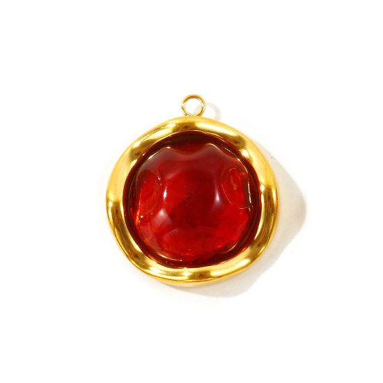 Picture of 2 PCs Eco-friendly PVD 304 Stainless Steel & Resin Charms Wholesale 18K Real Gold Plated Red Round With Resin Cabochons 27mm x 25mm