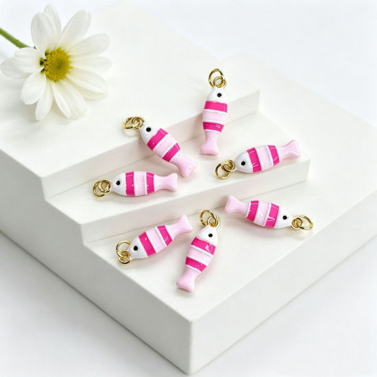 Picture of 1 Piece Brass Ocean Jewelry Charms Wholesale 18K Gold Plated Red Double-sided Enamel Fish Animal 24.5mm x 7mm