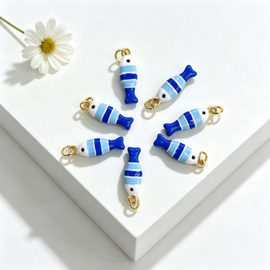 Picture of 1 Piece Brass Ocean Jewelry Charms Wholesale 18K Gold Plated Lake Blue Double-sided Enamel Fish Animal 24.5mm x 7mm