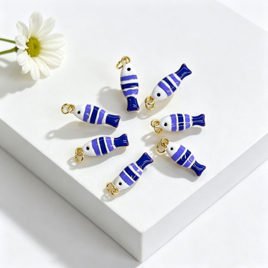 Picture of 1 Piece Brass Ocean Jewelry Charms Wholesale 18K Gold Plated Dark Blue Double-sided Enamel Fish Animal 24.5mm x 7mm