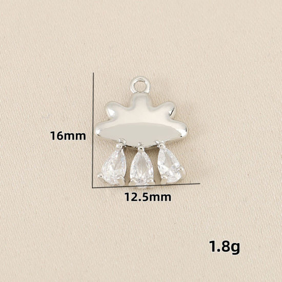Picture of 1 Piece Eco-friendly Brass Weather Collection Charms Wholesale Real Platinum Plated Cloud Clear Cubic Zirconia 16mm x 12.5mm