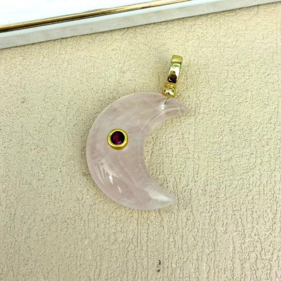 Picture of 1 Piece Stone & Brass Galaxy Pendants Wholesale, Half Moon 18K Gold Plated Pink 4.5cm