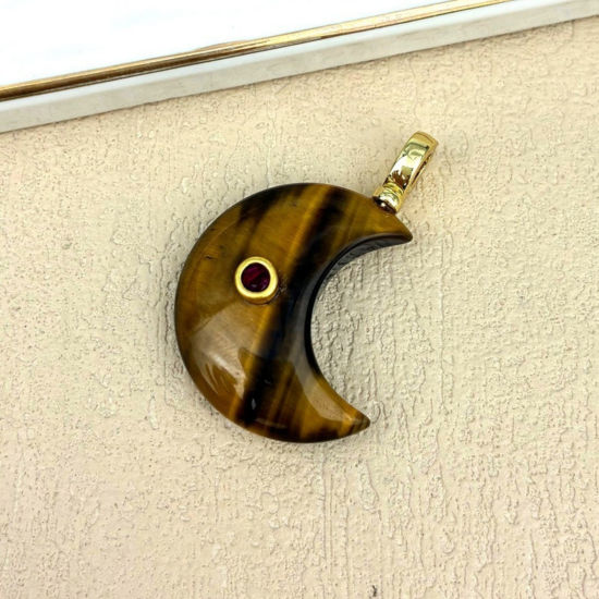Picture of 1 Piece Stone & Brass Galaxy Pendants Wholesale, Half Moon 18K Gold Plated Brown 4.5cm