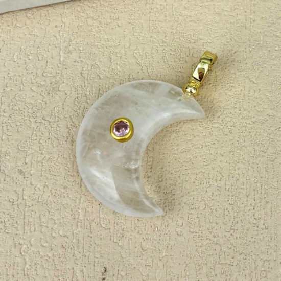 Picture of 1 Piece Stone & Brass Galaxy Pendants Wholesale, Half Moon 18K Gold Plated White 4.5cm