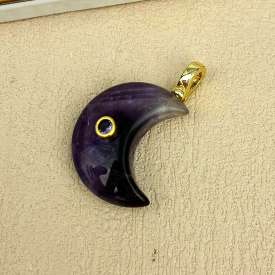 Picture of 1 Piece Stone & Brass Galaxy Pendants Wholesale, Half Moon 18K Gold Plated Dark Purple 4.5cm