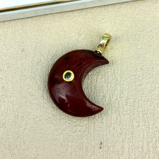 Picture of 1 Piece Stone & Brass Galaxy Pendants Wholesale, Half Moon 18K Gold Plated Coffee 4.5cm