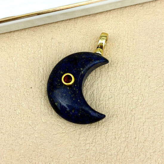 Picture of 1 Piece Stone & Brass Galaxy Pendants Wholesale, Half Moon 18K Gold Plated Dark Blue 4.5cm