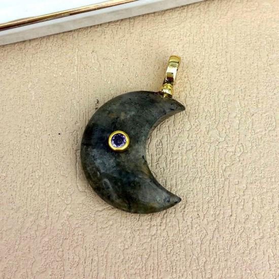 Picture of 1 Piece Stone & Brass Galaxy Pendants Wholesale, Half Moon 18K Gold Plated Dark Gray 4.5cm