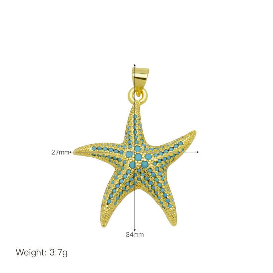 Picture of 1 Piece Brass Ocean Jewelry Pendants Wholesale 18K Gold Plated Starfish Micro Pave Blue Cubic Zirconia 3.4cm x 2.4cm