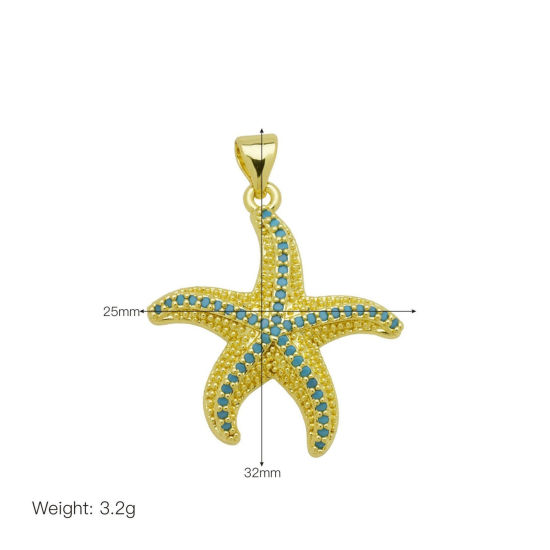 Picture of 1 Piece Brass Ocean Jewelry Pendants Wholesale 18K Gold Plated Starfish Micro Pave Blue Cubic Zirconia 3.2cm x 2.5cm