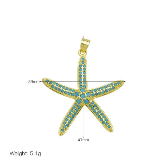 Picture of 1 Piece Brass Ocean Jewelry Pendants Wholesale 18K Gold Plated Starfish Micro Pave Blue Cubic Zirconia 4.7cm x 3.9cm