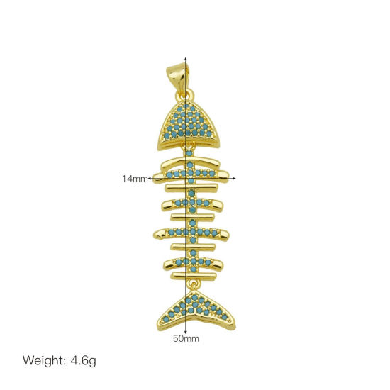 Picture of 1 Piece Brass Ocean Jewelry Pendants Wholesale 18K Gold Plated Fish Bone Micro Pave Blue Cubic Zirconia 5cm x 1.4cm