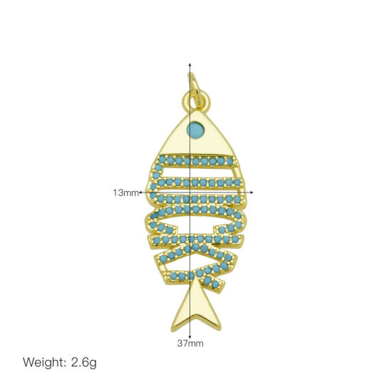 Picture of 1 Piece Brass Ocean Jewelry Pendants Wholesale 18K Gold Plated Fish Bone Micro Pave Blue Cubic Zirconia 3.7cm x 1.3cm