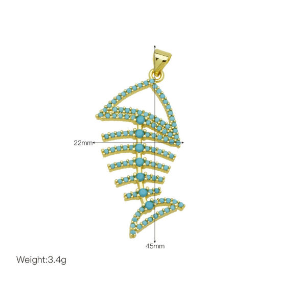 Picture of 1 Piece Brass Ocean Jewelry Pendants Wholesale 18K Gold Plated Fish Bone Micro Pave Blue Cubic Zirconia 4.5cm x 2.2cm