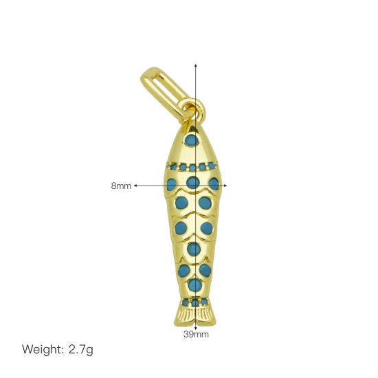 Picture of 1 Piece Brass Ocean Jewelry Pendants Wholesale 18K Gold Plated Fish Animal Micro Pave Blue Cubic Zirconia 3.9cm x 0.8cm