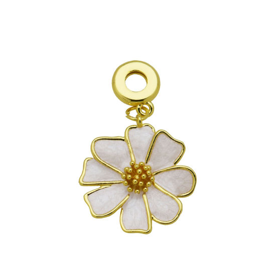Picture of 1 Piece Brass European Style Pendants Wholesale 18K Gold Plated White Enamel Flower 4cm x 2.5cm
