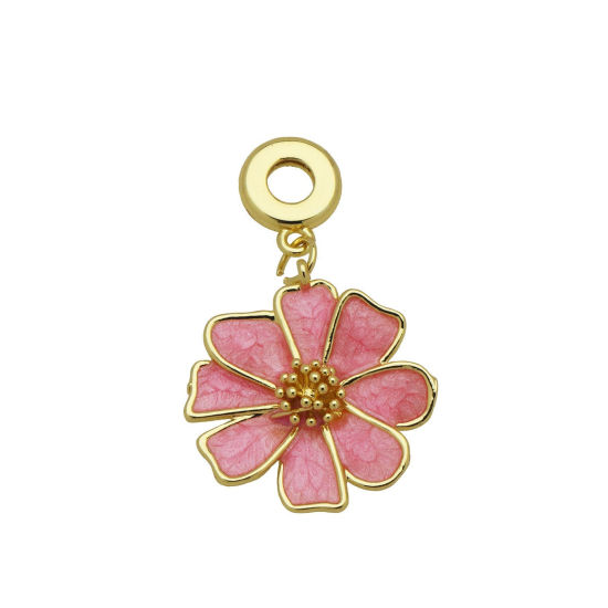 Picture of 1 Piece Brass European Style Pendants Wholesale 18K Gold Plated Pink Enamel Flower 4cm x 2.5cm