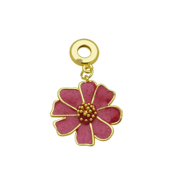 Picture of 1 Piece Brass European Style Pendants Wholesale 18K Gold Plated Hot Pink Enamel Flower 4cm x 2.5cm