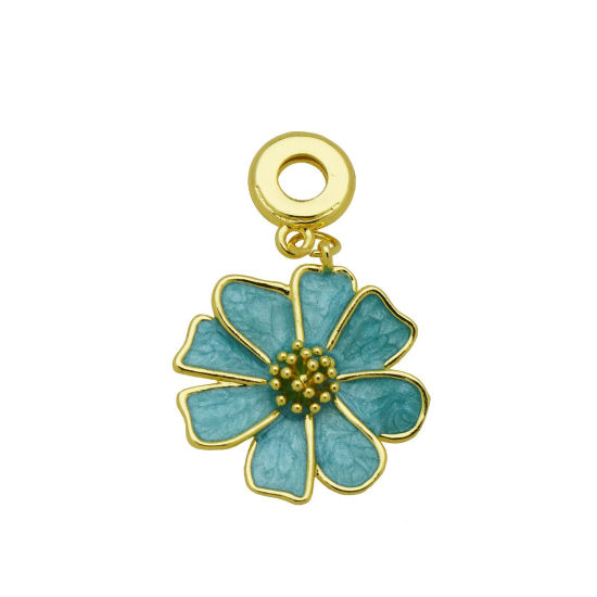 Picture of 1 Piece Brass European Style Pendants Wholesale 18K Gold Plated Blue Enamel Flower 4cm x 2.5cm