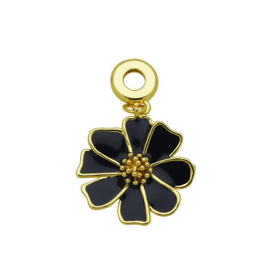 Picture of 1 Piece Brass European Style Pendants Wholesale 18K Gold Plated Black Enamel Flower 4cm x 2.5cm