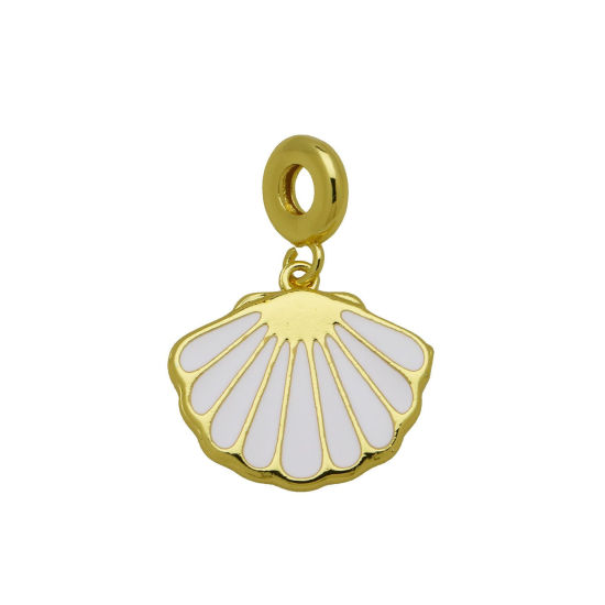 Picture of 1 Piece Brass European Style Pendants Wholesale 18K Gold Plated White Enamel Shell 3.4cm x 2.4cm