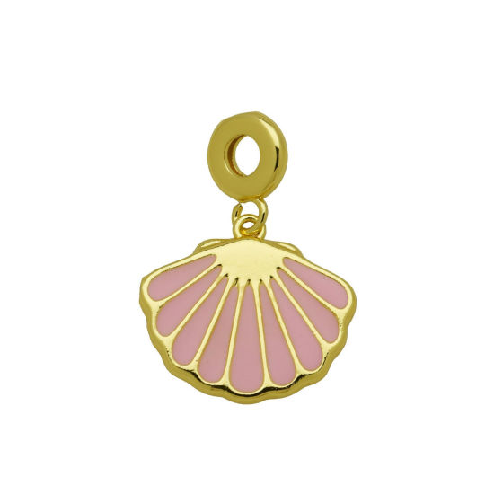 Picture of 1 Piece Brass European Style Pendants Wholesale 18K Gold Plated Pink Enamel Shell 3.4cm x 2.4cm