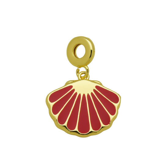 Picture of 1 Piece Brass European Style Pendants Wholesale 18K Gold Plated Red Enamel Shell 3.4cm x 2.4cm