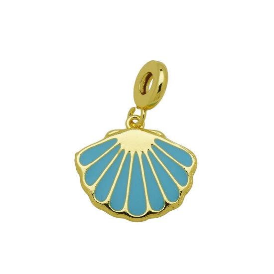 Picture of 1 Piece Brass European Style Pendants Wholesale 18K Gold Plated Blue Enamel Shell 3.4cm x 2.4cm