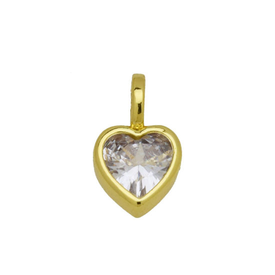 Picture of 2 PCs Brass Valentine's Day Charms Wholesale 18K Gold Plated Heart Clear Cubic Zirconia 12mm x 7mm
