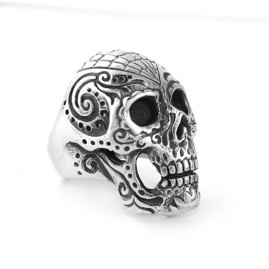 Image de Bagues en Acier Titane Non Ajustable Argent Vieilli Tête de Mort 19.9mm (Taille d'US: 10) , 1 Pièce