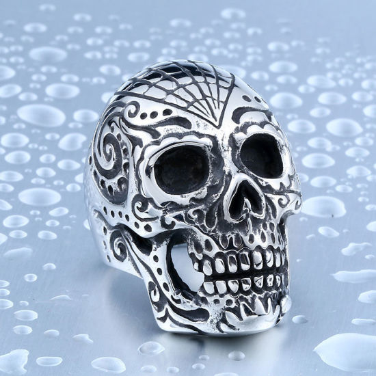 Image de Bagues en Acier Titane Non Ajustable Argent Vieilli Tête de Mort 19.9mm (Taille d'US: 10) , 1 Pièce