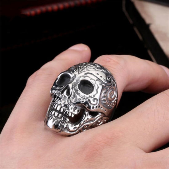 Image de Bagues en Acier Titane Non Ajustable Argent Vieilli Tête de Mort 19.9mm (Taille d'US: 10) , 1 Pièce