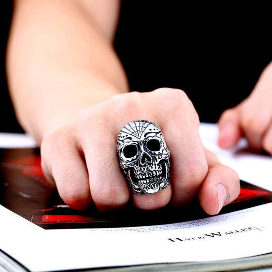 Image de Bagues en Acier Titane Non Ajustable Argent Vieilli Tête de Mort 19.9mm (Taille d'US: 10) , 1 Pièce