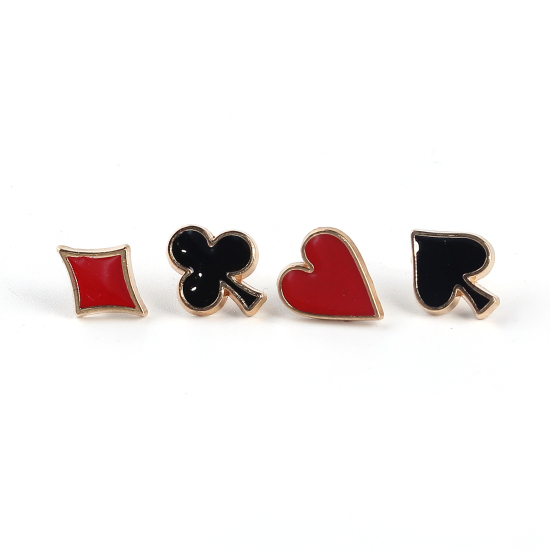 Picture of Pin Brooches Plum Blossom Heart Gold Plated Black & Red Enamel 13mm x 10mm - 12mm x 11mm, 1 Set ( 4 PCs/Set)