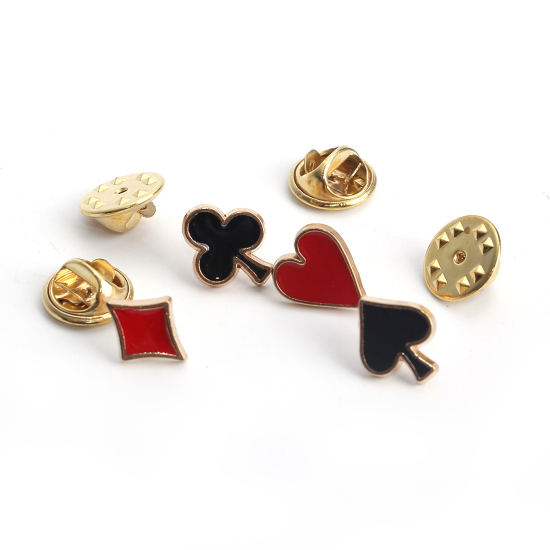 Picture of 1 Set ( 4 PCs/Set) Stylish Pin Brooches Poker Suit Gold Plated Black & Red Enamel 13mm x 10mm - 12mm x 11mm