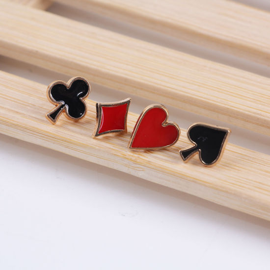 Picture of 1 Set ( 4 PCs/Set) Stylish Pin Brooches Poker Suit Gold Plated Black & Red Enamel 13mm x 10mm - 12mm x 11mm