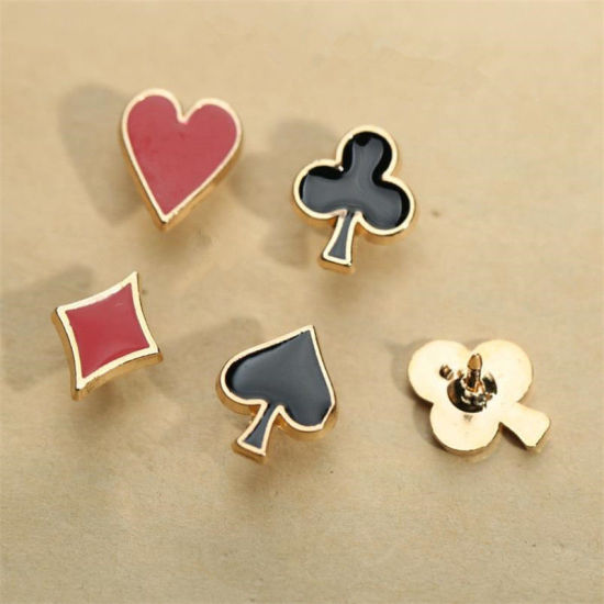 Picture of 1 Set ( 4 PCs/Set) Stylish Pin Brooches Poker Suit Gold Plated Black & Red Enamel 13mm x 10mm - 12mm x 11mm