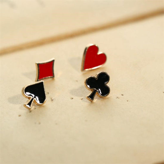 Picture of 1 Set ( 4 PCs/Set) Stylish Pin Brooches Poker Suit Gold Plated Black & Red Enamel 13mm x 10mm - 12mm x 11mm