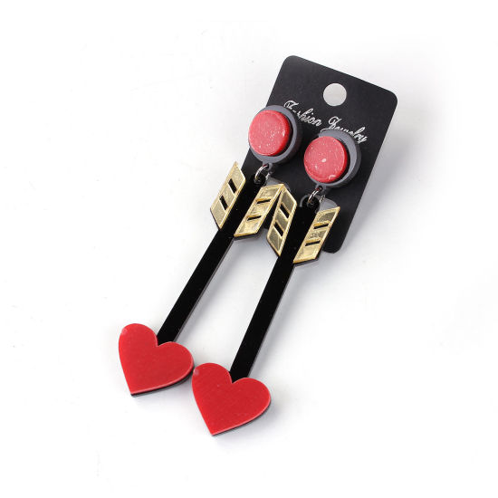 Picture of Earrings Black & Red Arrowhead Heart 8.5cm x 2.1cm, Post/ Wire Size: (21 gauge), 1 Pair