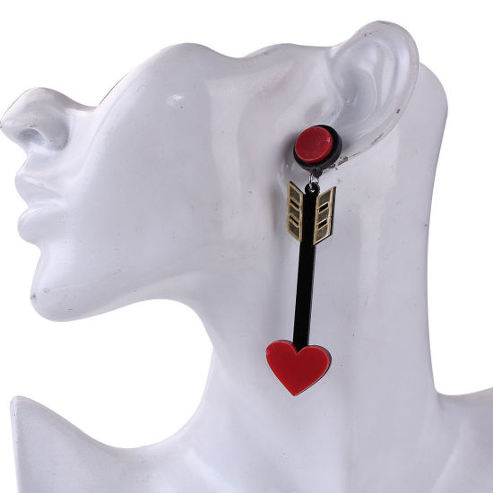 Picture of Earrings Black & Red Arrowhead Heart 8.5cm x 2.1cm, Post/ Wire Size: (21 gauge), 1 Pair