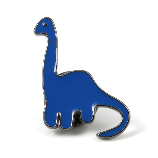 Picture of Pin Brooches Dinosaur Animal Gunmetal Light Blue Enamel 27mm x 18mm, 1 Piece