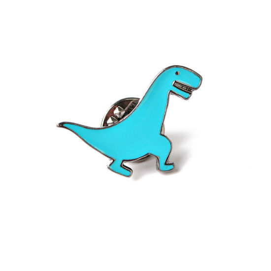 Bild von Brosche Dinosaurier Tier Metallgrau Hellblau Emaille 27mm x 18mm, 1 Stück