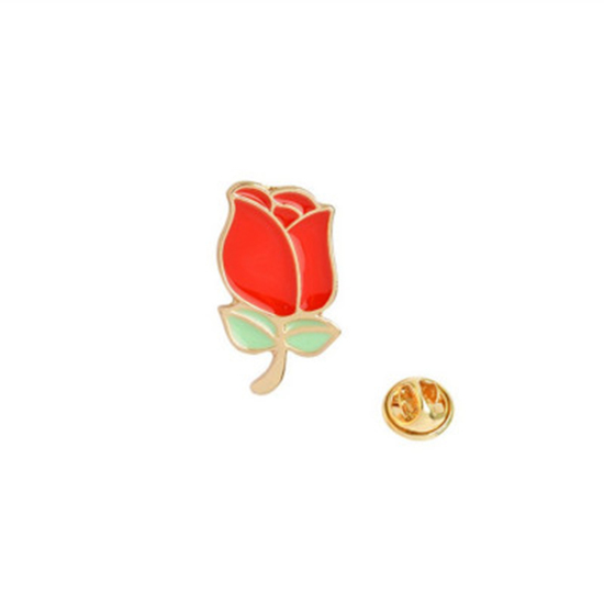 Picture of Pin Brooches Rose Flower Gold Plated Red Enamel 20mm x 11mm, 1 Piece