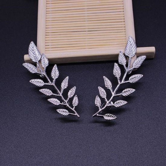 Imagen de 1 Par Estilo Pastoral Pin Broches Hoja Tono de Plata 6.5cm x 2.2cm